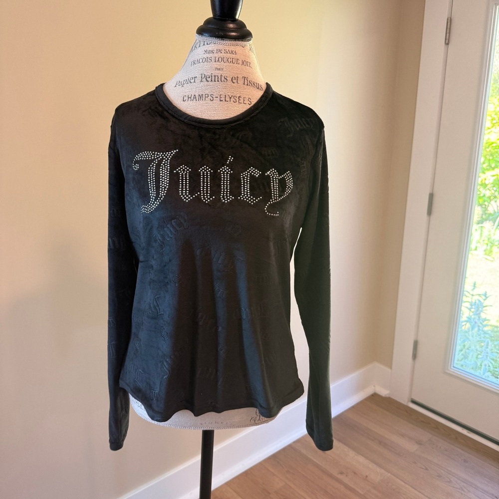 Juicy Couture Women's Black Velour Rhinestone "Juicy" Top Size M